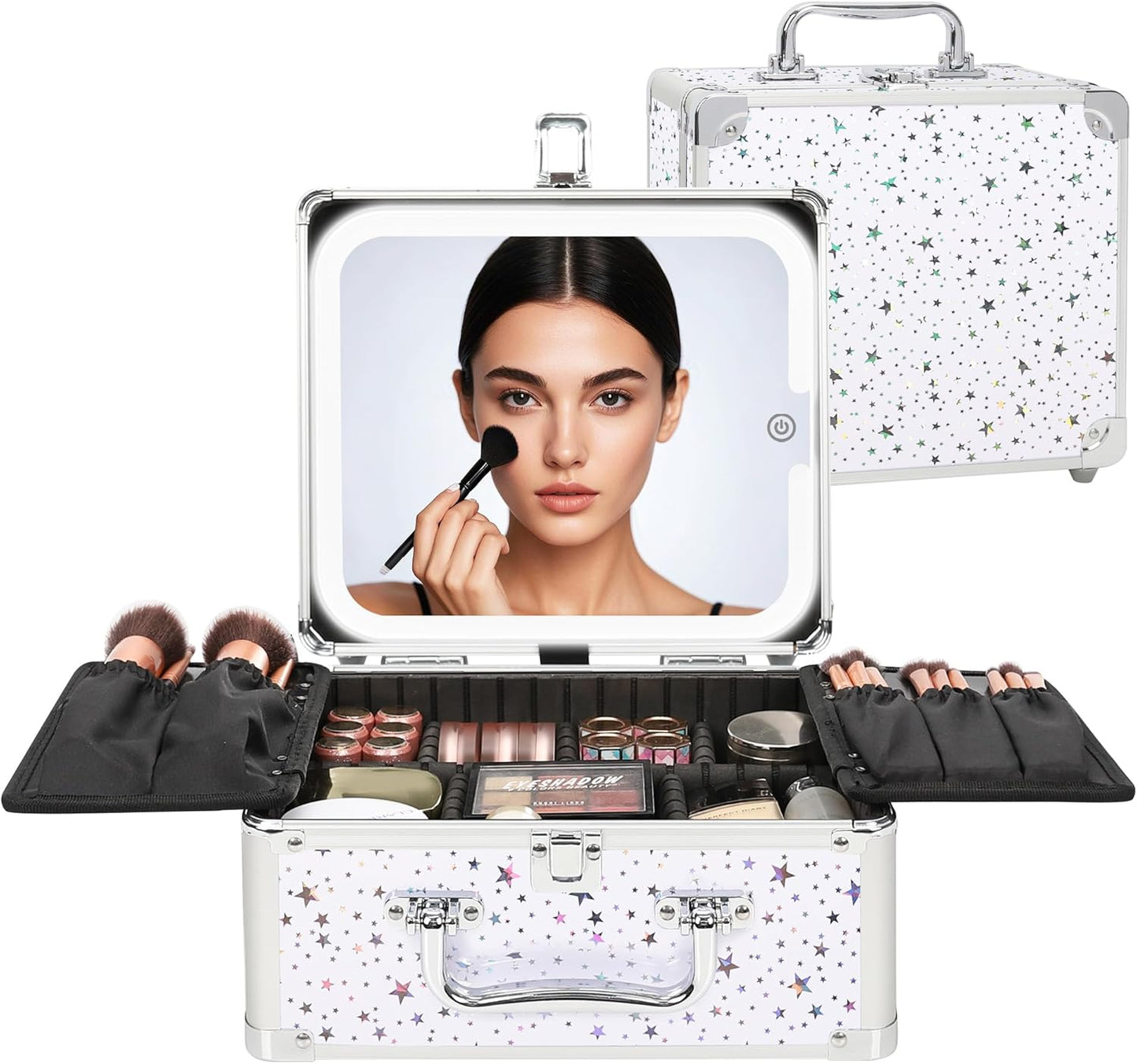 Makeup Bag with LED Mirror, Makeup Box Travel Train Case with Rechargeable Lighted Mirror & Adjustable Dividers, Cosmetic Brush Organizer Storage for Makeup Artists Gifts for Women and Girls