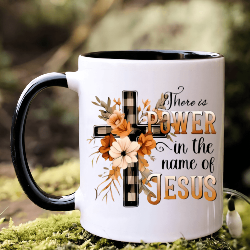 "There Is Power In The Name of JESUS" 3A Ceramic Mug Cup, 11oz Personalized Coffee Mug With Flowers and Crosses