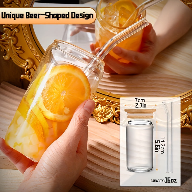 4Pcs Drinking Glasses with Bamboo Lids and Glass Straw - 16 Oz Can Shaped Glass Cups for Beer, Ice Coffee, Cute Tumbler Cup Great for Soda Boba Tea Cocktail Include 2 Cleaning Brushes
