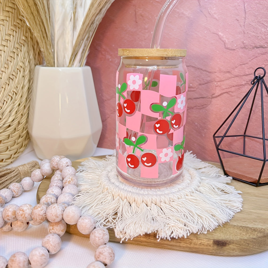 Cherry Square Print 16OZ Glass Iced Coffee Cup with Lid And Straw Suitable for Coffee Milk Beer Juice