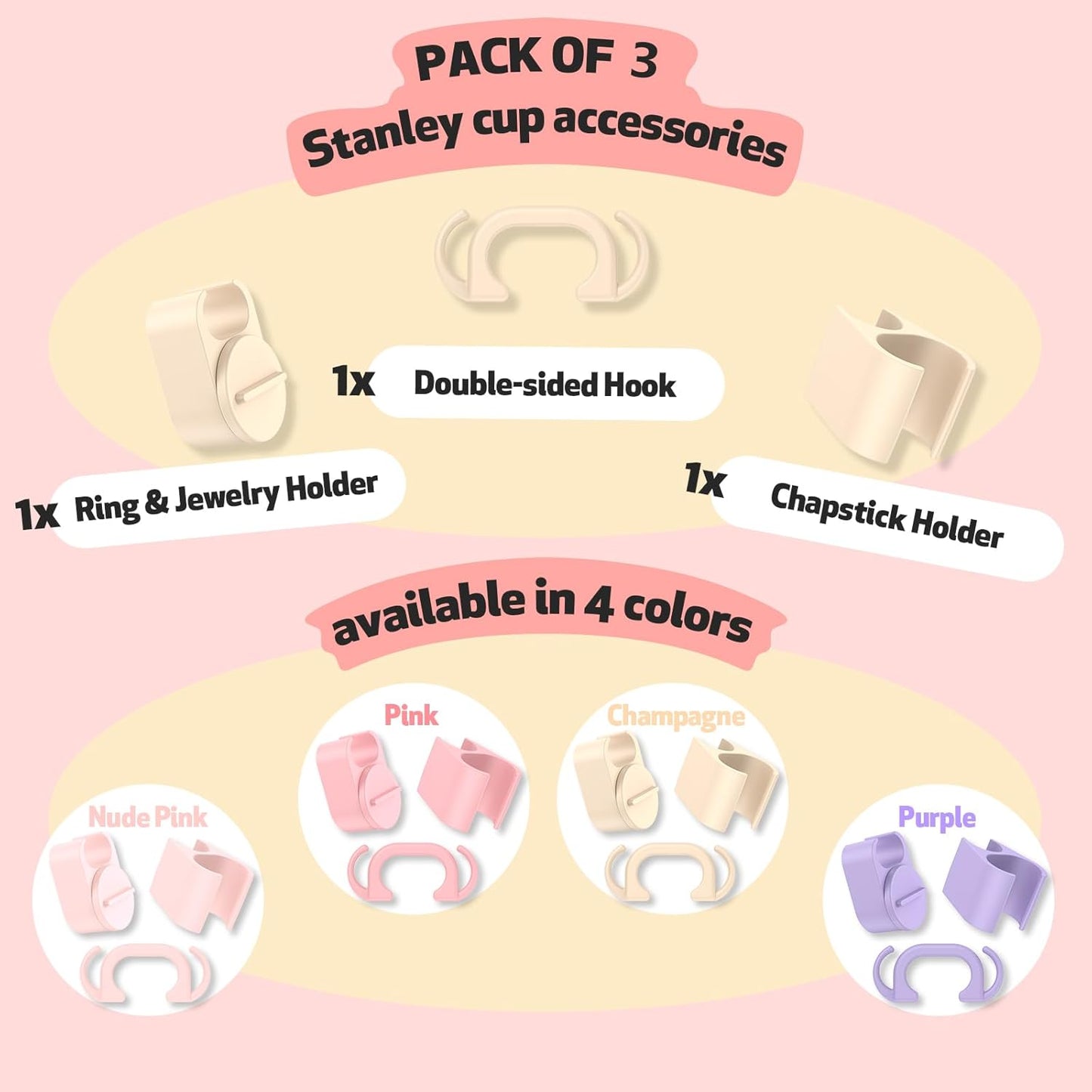 Set of 3 Pcs Accessories for 40Oz Quencher H2.0 Tumbler, Includes Double-Sided Hook, Chapstick Lip Balm Holder and Ring&Jewelry Holder, Accessories for Stanley Cup H2.0 Tumbler 30Oz 40Oz 64Oz