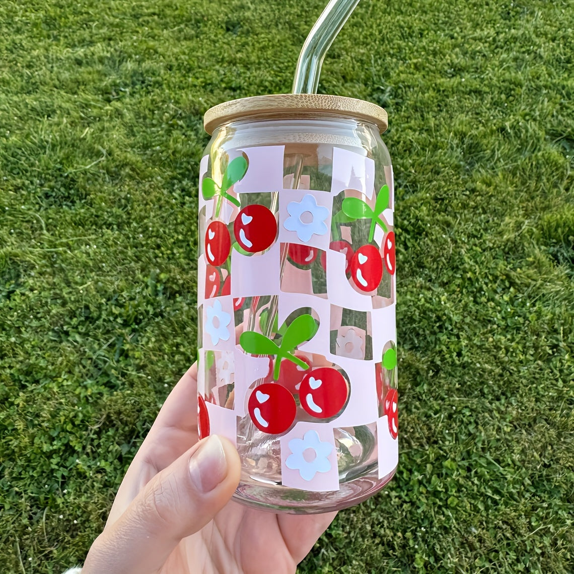 Cherry Square Print 16OZ Glass Iced Coffee Cup with Lid And Straw Suitable for Coffee Milk Beer Juice