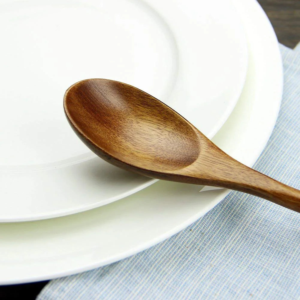5 Pieces Wooden Soup Spoon and Fork Eco Friendly Set for Eating Mixing Stirring Tableware Natural Ellipse Ladle eco friendly