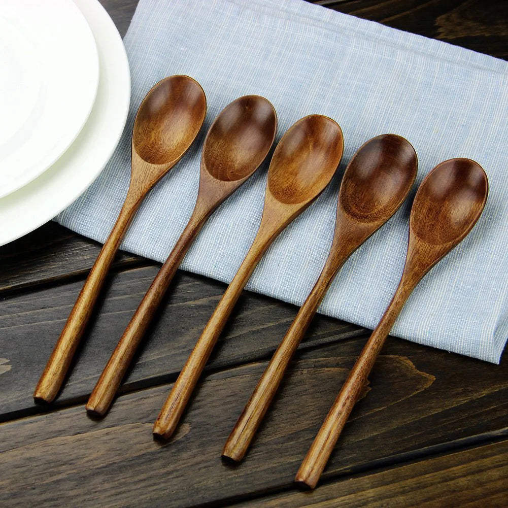 5 Pieces Wooden Soup Spoon and Fork Eco Friendly Set for Eating Mixing Stirring Tableware Natural Ellipse Ladle eco friendly