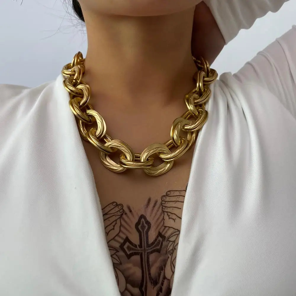 Double Layered Chain Choker Necklace for Women Hip Hop Thick Chunky Cross Chain Charm Necklace