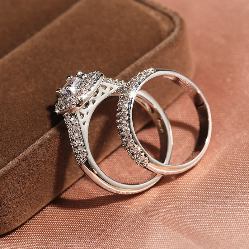 925 Sterling Silver Luxury 2 pcs Wedding Rings Set For Women Stackable Finger Rings