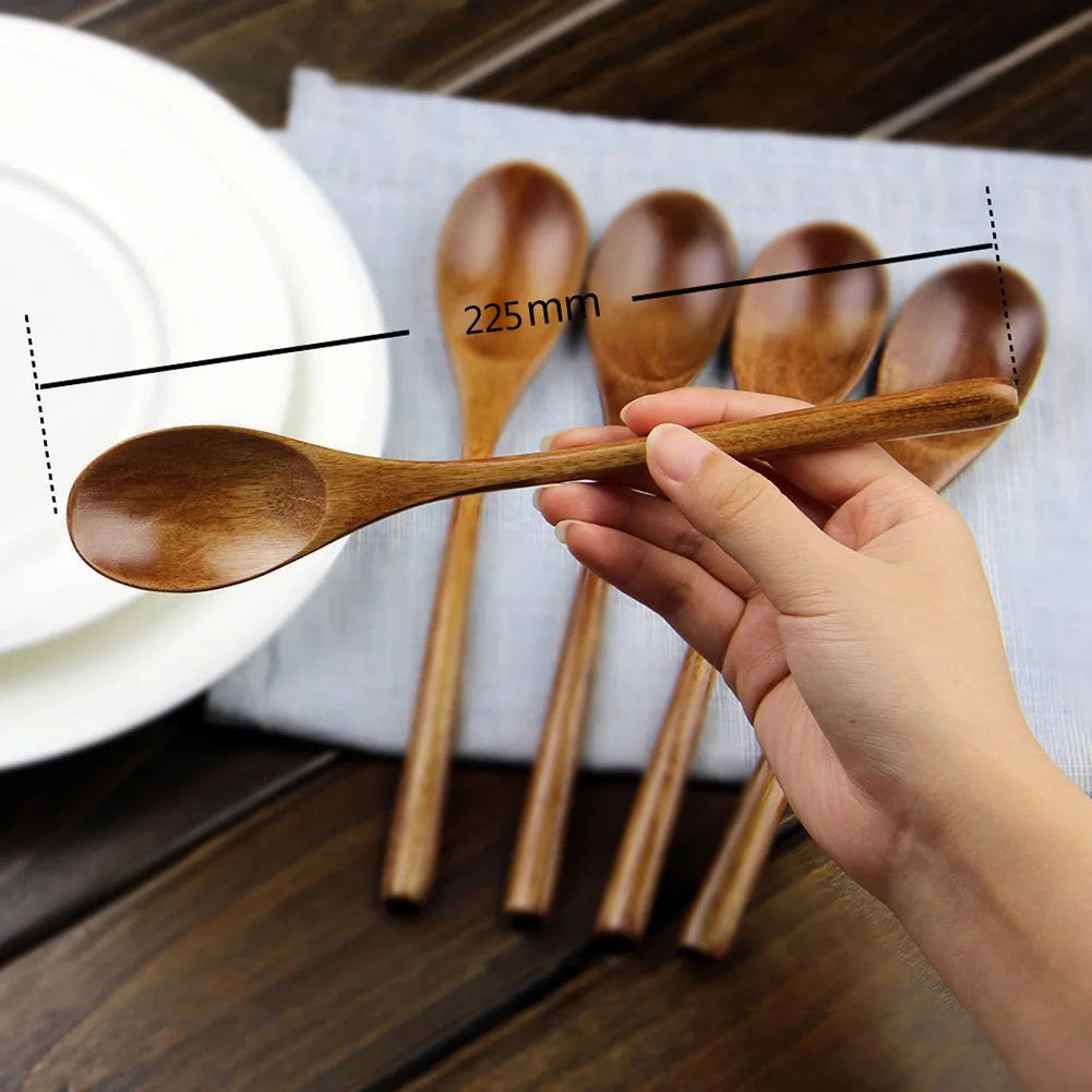 5 Pieces Wooden Soup Spoon and Fork Eco Friendly Set for Eating Mixing Stirring Tableware Natural Ellipse Ladle eco friendly