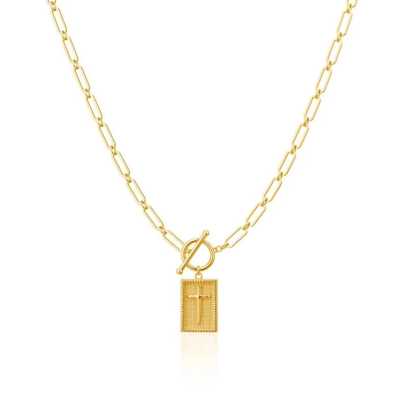 Gold/Silver Cross Pendant Necklace – Chunky Paperclip Chain with Toggle Clasp