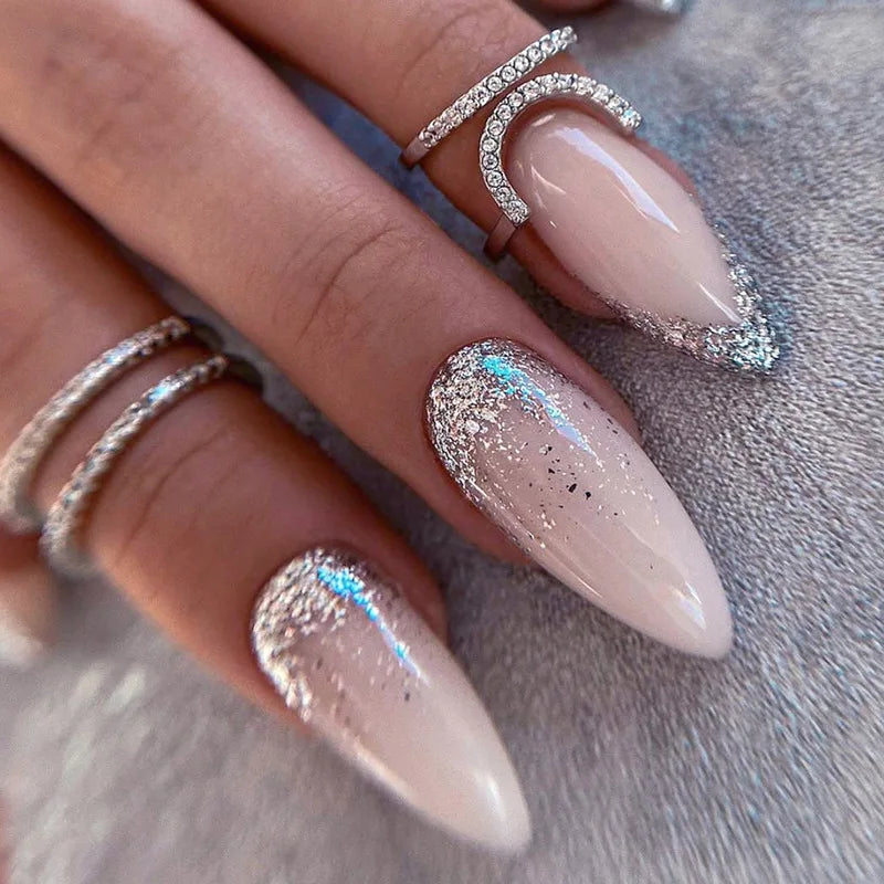 24pcs Detachable Almond French False Nails DIY Glitter Design Press on Nails Fake Nials DIY Manicure Nail Tips