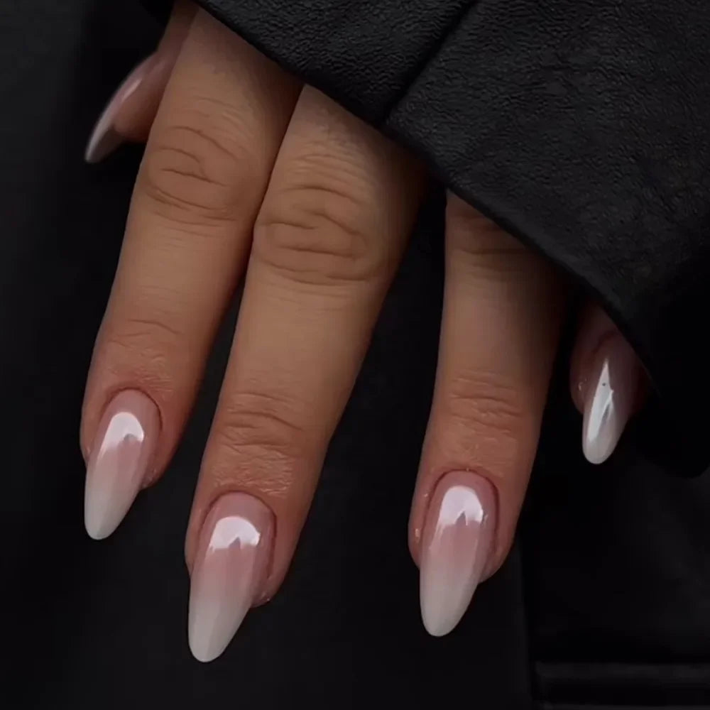 Glossy Press on Nails Set Short Oval Shiny Gradient French Nail Art Design Reusable Full Cover Fake Nails with Glue for Girls