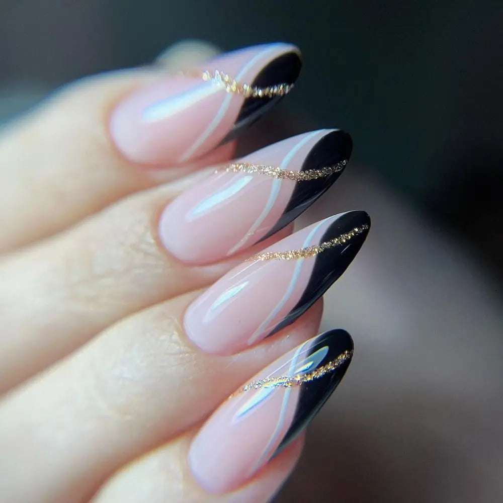 24pcs Detachable Almond French False Nails DIY Glitter Design Press on Nails Fake Nials DIY Manicure Nail Tips