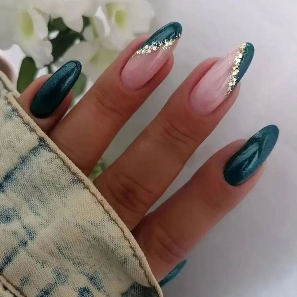 24pcs Detachable Almond French False Nails DIY Glitter Design Press on Nails Fake Nials DIY Manicure Nail Tips