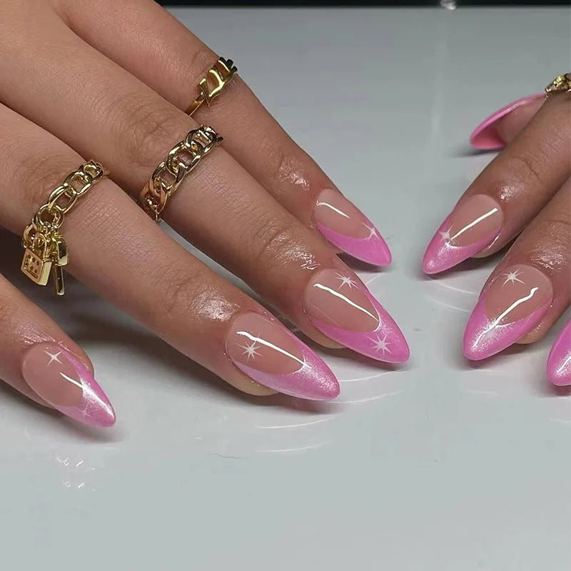 24pcs Detachable Almond French False Nails DIY Glitter Design Press on Nails Fake Nials DIY Manicure Nail Tips