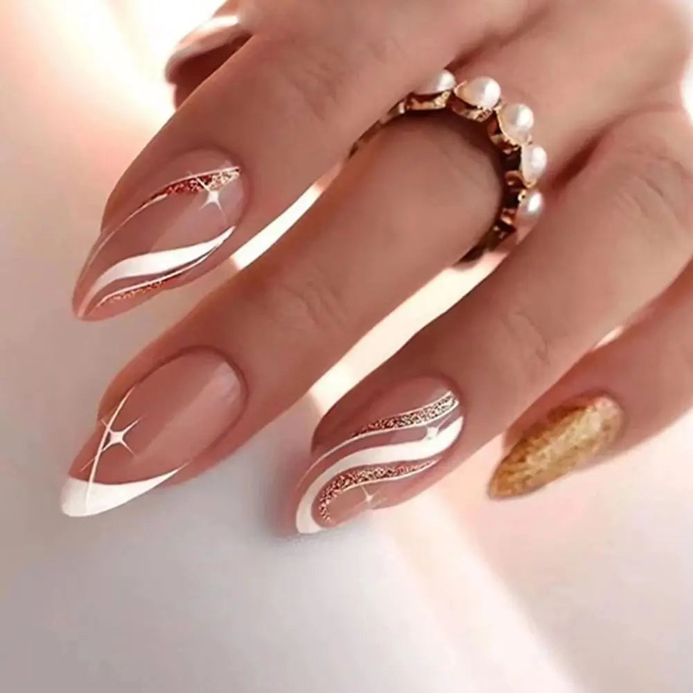 24pcs Detachable Almond French False Nails DIY Glitter Design Press on Nails Fake Nials DIY Manicure Nail Tips