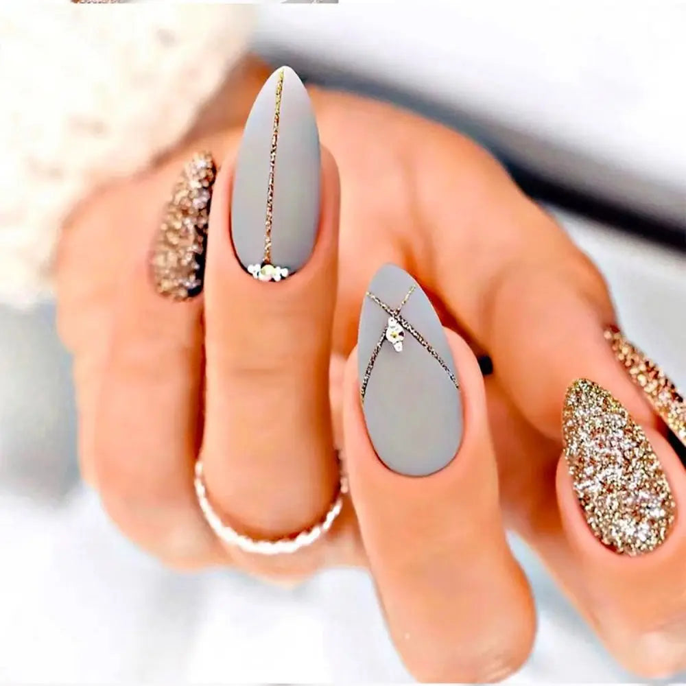 24pcs Detachable Almond French False Nails DIY Glitter Design Press on Nails Fake Nials DIY Manicure Nail Tips