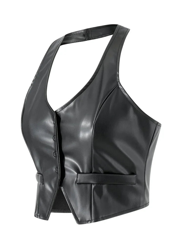 Women PU Leather Vest Coat Vintage Sleeveless V Neck Button Down Tank Tops Dark Academia Gothic Waistcoat Female Summer Fall