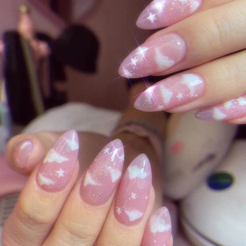 24pcs Detachable Almond French False Nails DIY Glitter Design Press on Nails Fake Nials DIY Manicure Nail Tips