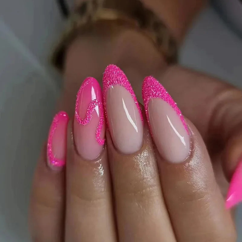 24pcs Detachable Almond French False Nails DIY Glitter Design Press on Nails Fake Nials DIY Manicure Nail Tips