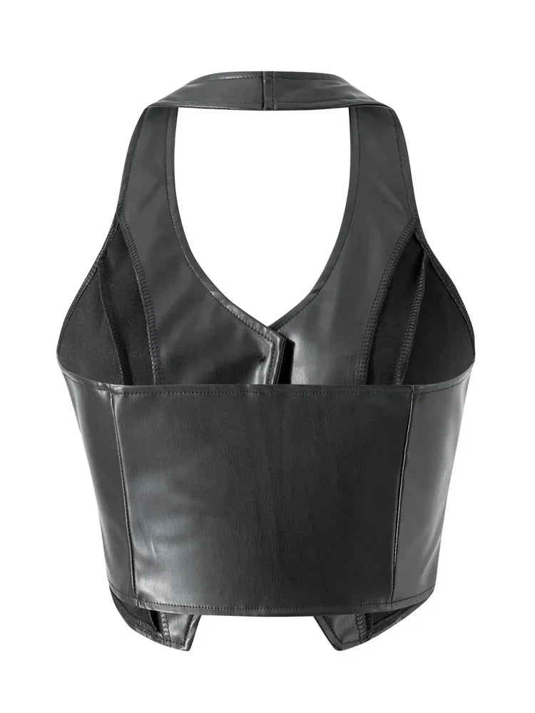 Women PU Leather Vest Coat Vintage Sleeveless V Neck Button Down Tank Tops Dark Academia Gothic Waistcoat Female Summer Fall