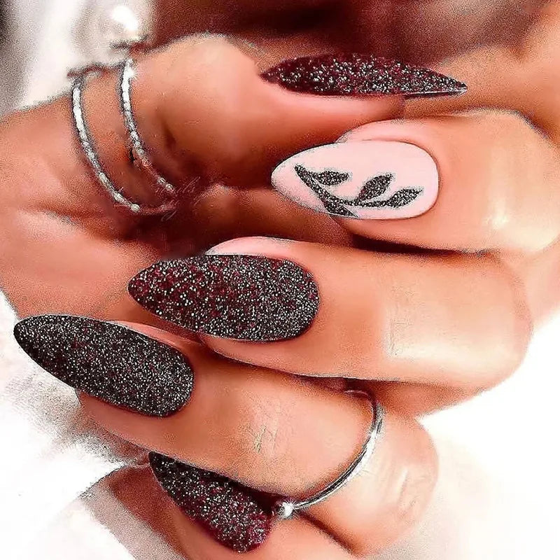 24pcs Detachable Almond French False Nails DIY Glitter Design Press on Nails Fake Nials DIY Manicure Nail Tips