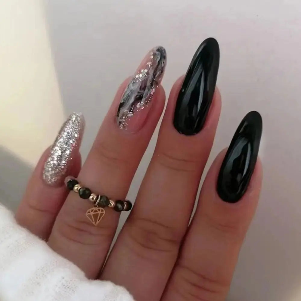 24pcs Detachable Almond French False Nails DIY Glitter Design Press on Nails Fake Nials DIY Manicure Nail Tips