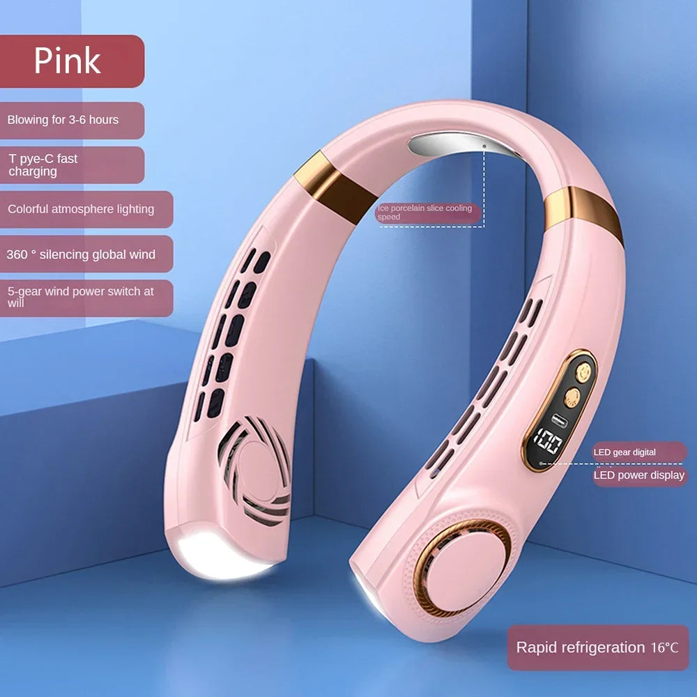 New Hanging Neck Fan Ice Magnet Cooler Digital Display Rechargeable Air Conditioner Neck Ventilator With Colorful Light