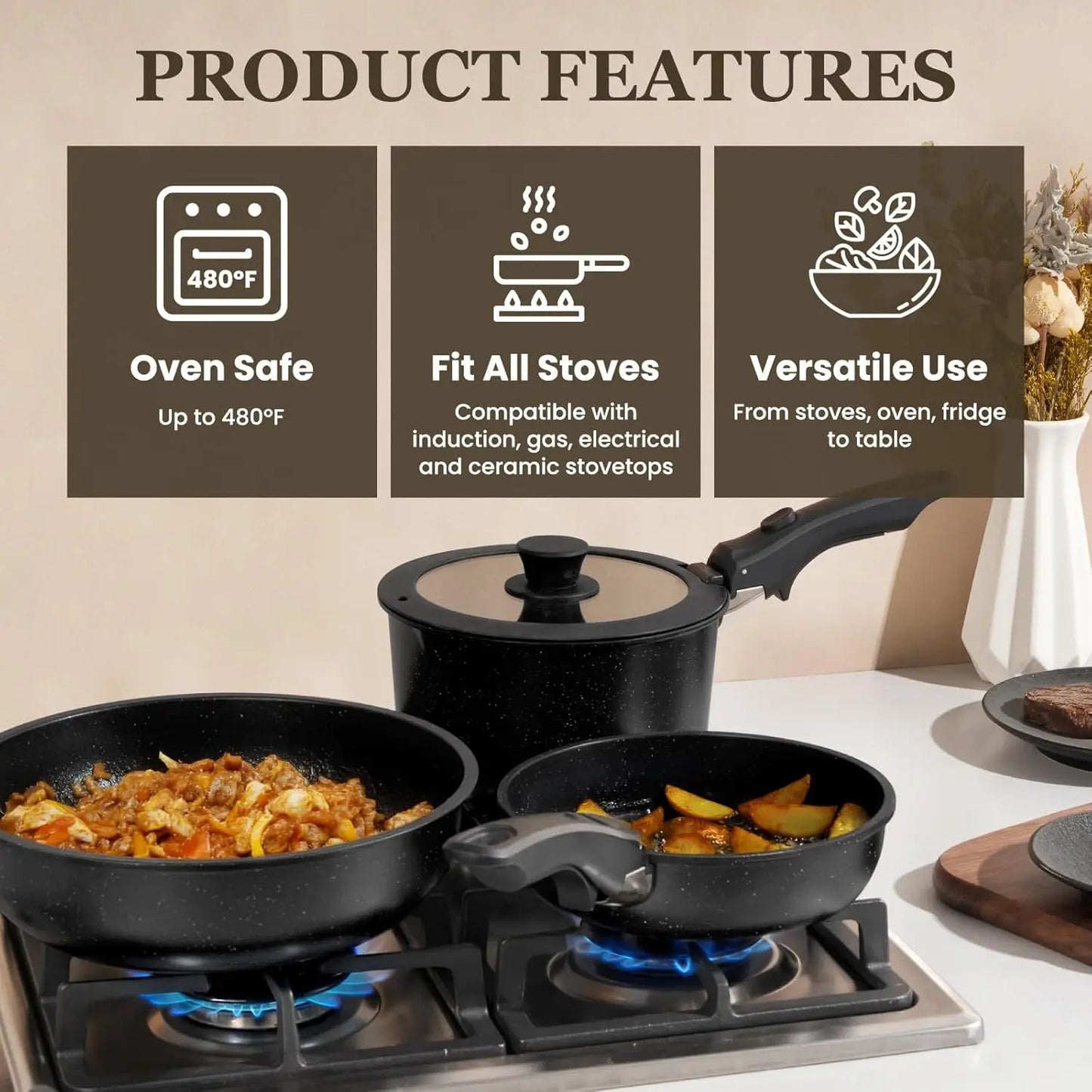 20 Pcs Pots and Pans Set Non Stick Detachable Cookware Sets Nonstick Non Toxic Induction RV Kitchen Cooking Set Dishwasher/Oven