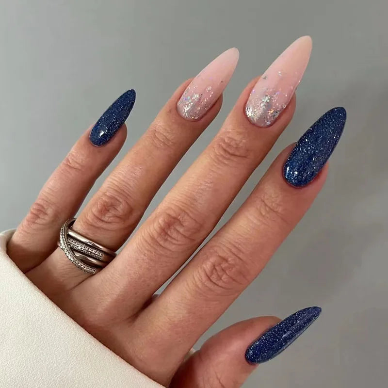24pcs Detachable Almond French False Nails DIY Glitter Design Press on Nails Fake Nials DIY Manicure Nail Tips