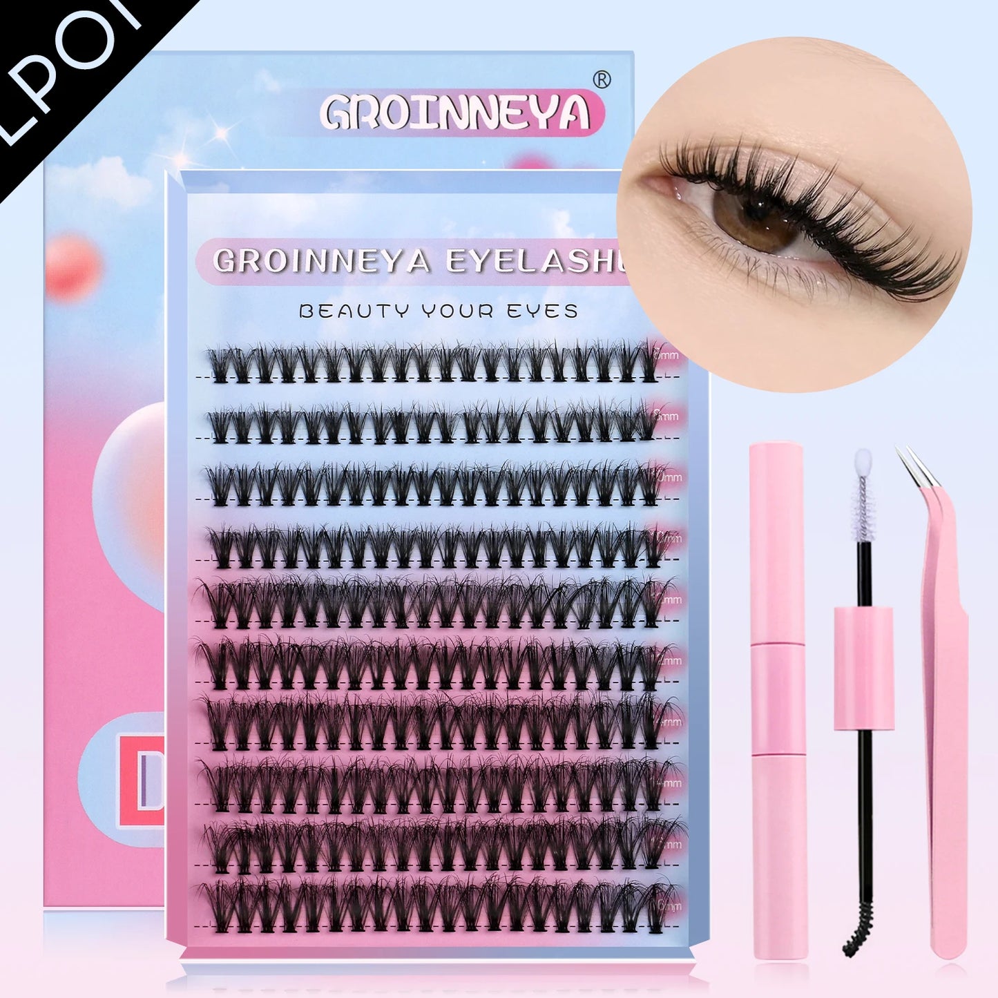 DIY Lash Clusters Set Mixed Tray Lashes Kit Fluffy Individual Lashes Extension with Lash Bond and Seal At Home Makeup