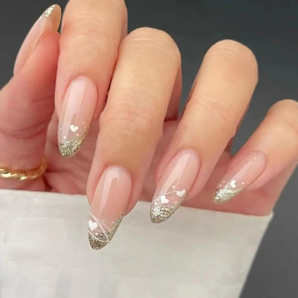 24pcs Detachable Almond French False Nails DIY Glitter Design Press on Nails Fake Nials DIY Manicure Nail Tips