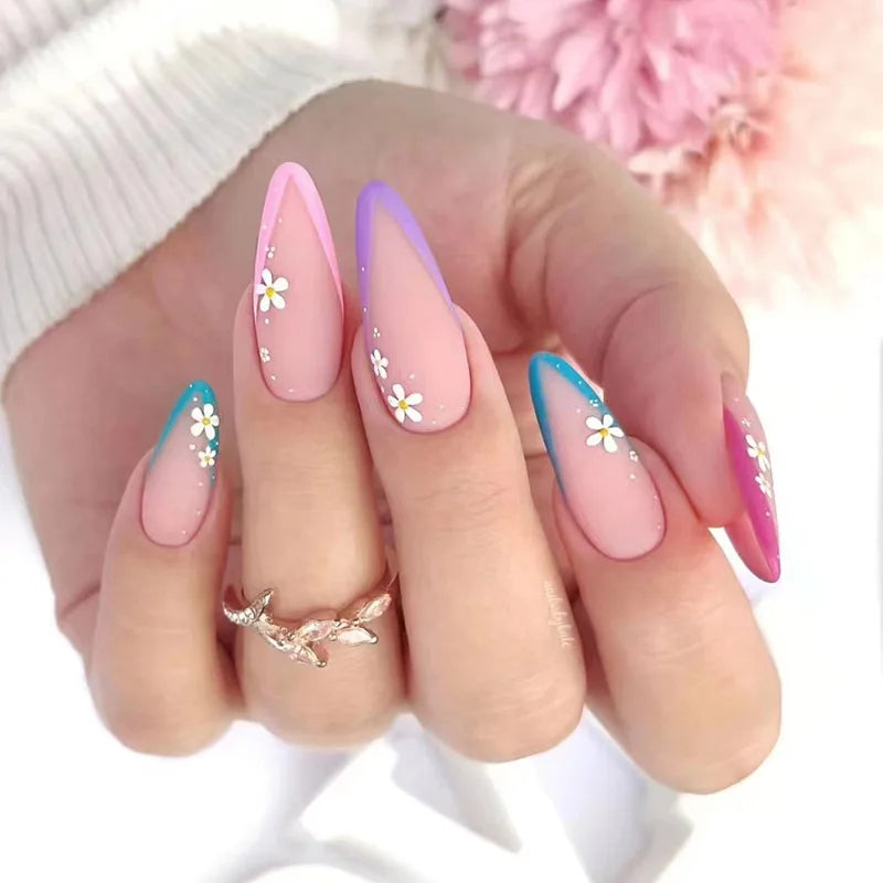 24pcs Detachable Almond French False Nails DIY Glitter Design Press on Nails Fake Nials DIY Manicure Nail Tips