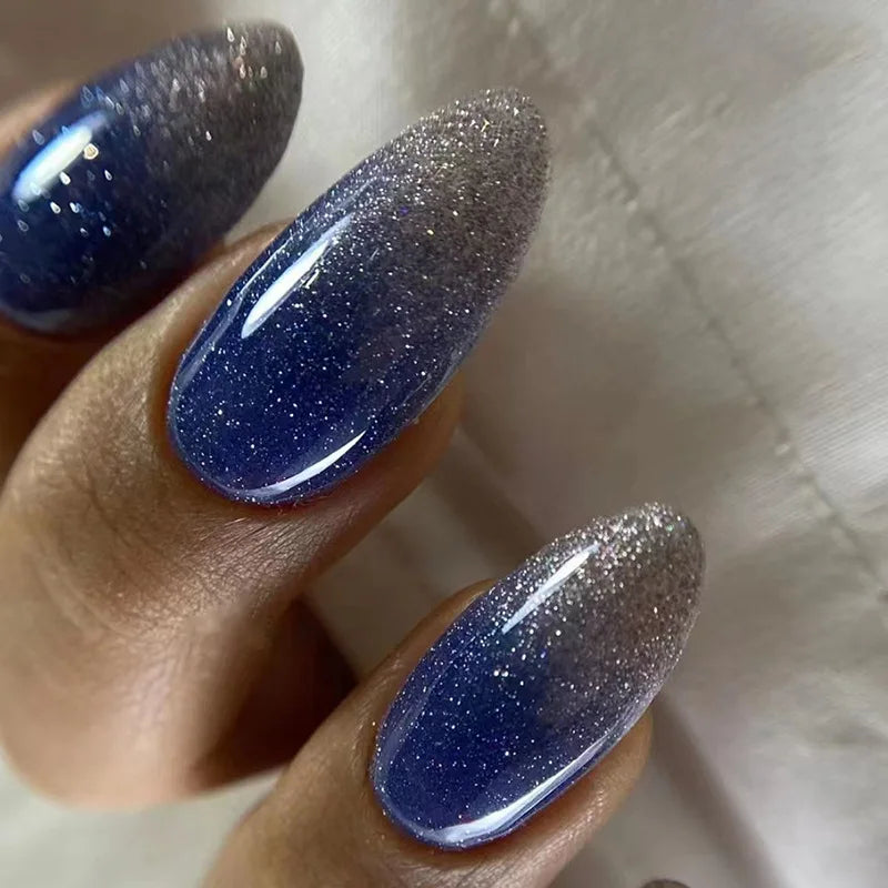 24pcs Detachable Almond French False Nails DIY Glitter Design Press on Nails Fake Nials DIY Manicure Nail Tips