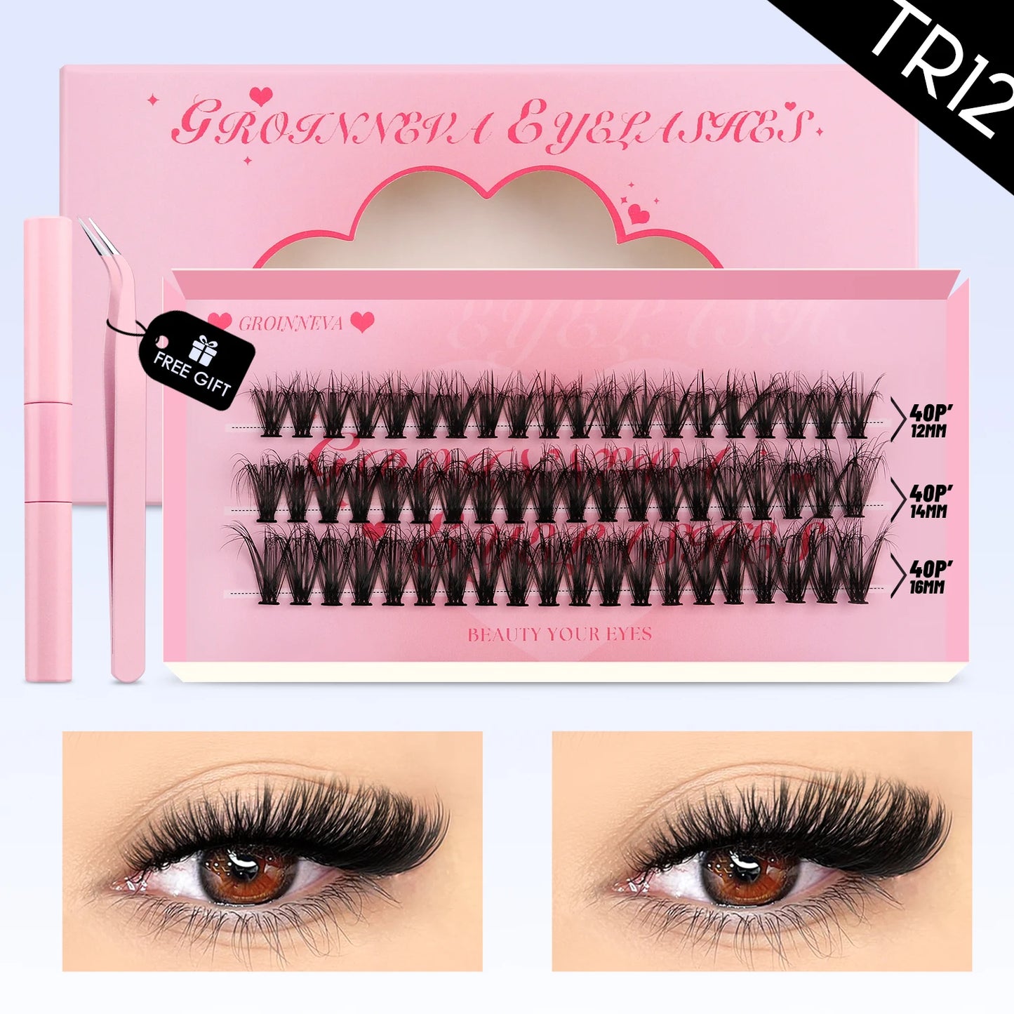 DIY Lash Clusters Set Mixed Tray Lashes Kit Fluffy Individual Lashes Extension with Lash Bond and Seal At Home Makeup