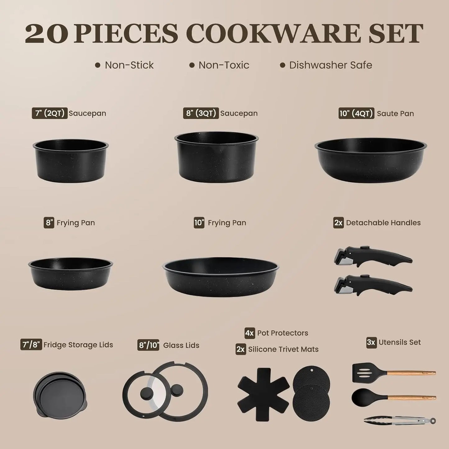 20 Pcs Pots and Pans Set Non Stick Detachable Cookware Sets Nonstick Non Toxic Induction RV Kitchen Cooking Set Dishwasher/Oven