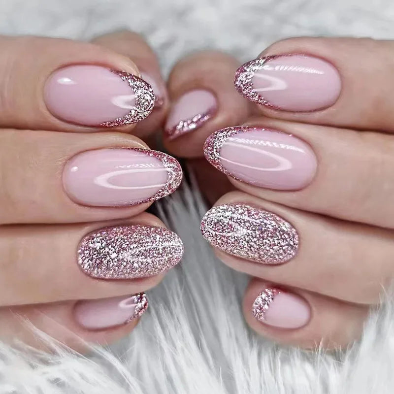 24pcs Detachable Almond French False Nails DIY Glitter Design Press on Nails Fake Nials DIY Manicure Nail Tips