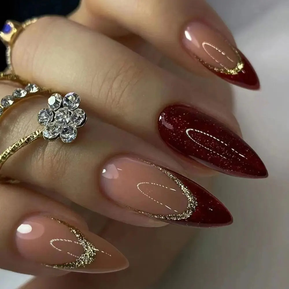 24pcs Detachable Almond French False Nails DIY Glitter Design Press on Nails Fake Nials DIY Manicure Nail Tips