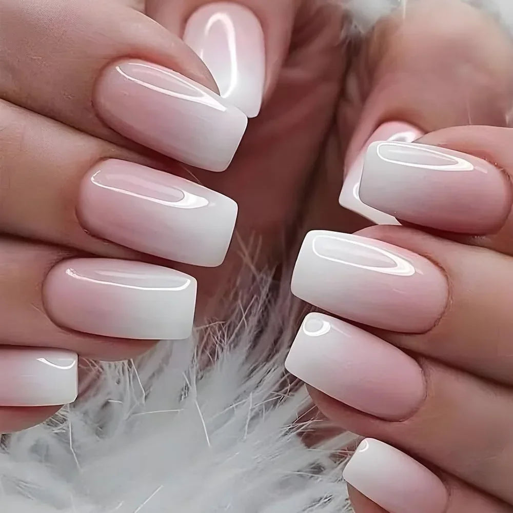 Glossy Press on Nails Set Short Oval Shiny Gradient French Nail Art Design Reusable Full Cover Fake Nails with Glue for Girls