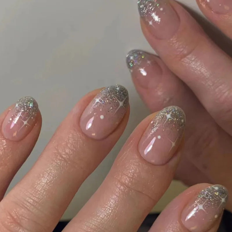 24pcs Detachable Almond French False Nails DIY Glitter Design Press on Nails Fake Nials DIY Manicure Nail Tips
