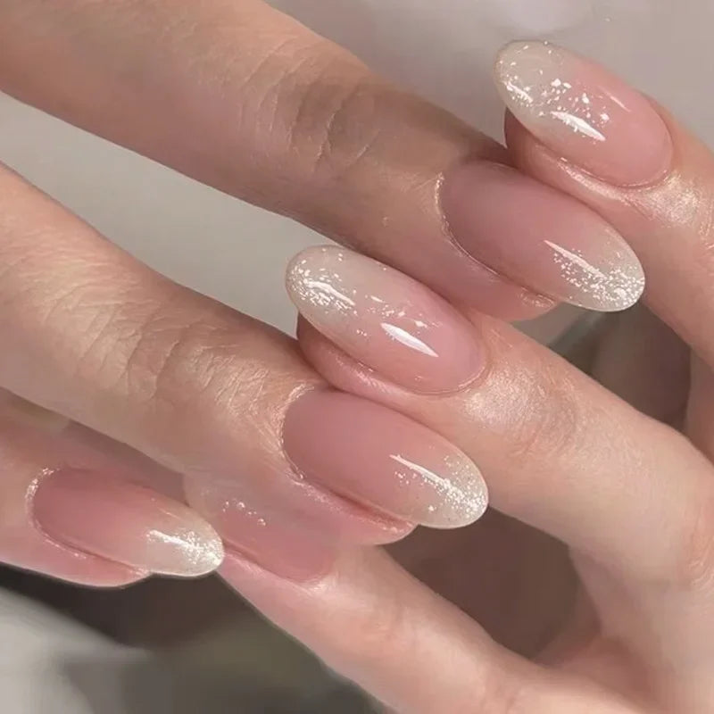 Glossy Press on Nails Set Short Oval Shiny Gradient French Nail Art Design Reusable Full Cover Fake Nails with Glue for Girls