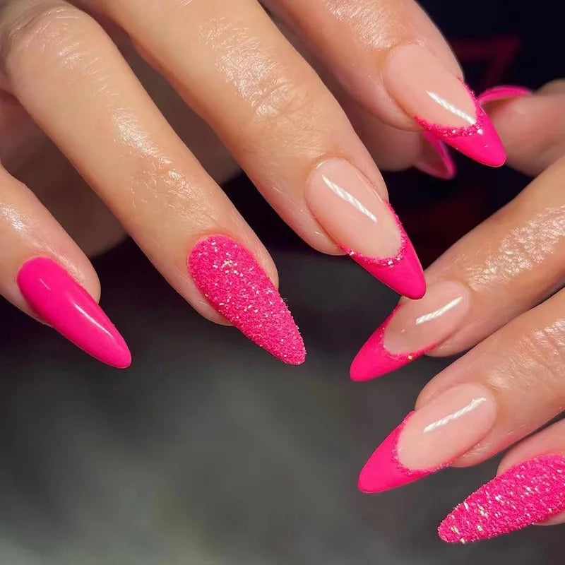 24pcs Detachable Almond French False Nails DIY Glitter Design Press on Nails Fake Nials DIY Manicure Nail Tips