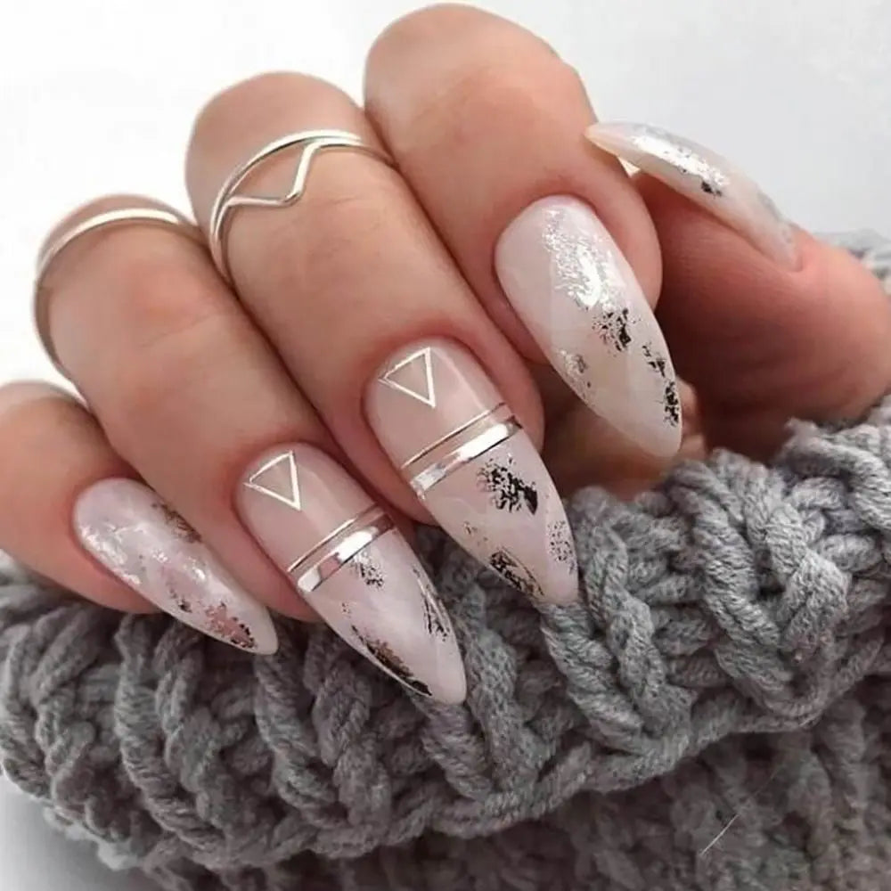 24pcs Detachable Almond French False Nails DIY Glitter Design Press on Nails Fake Nials DIY Manicure Nail Tips