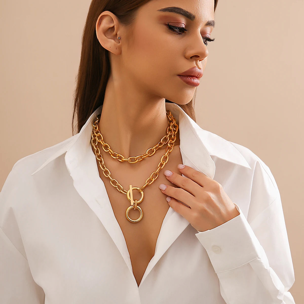Exaggerated Chunky Link Chain Choker for Women Big Ring OT-clasp Pendant Necklace
