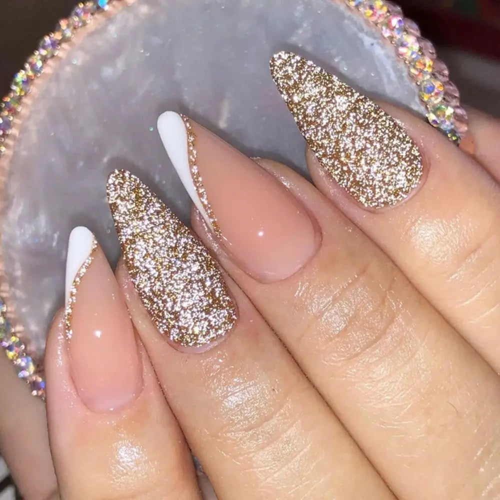 24pcs Detachable Almond French False Nails DIY Glitter Design Press on Nails Fake Nials DIY Manicure Nail Tips
