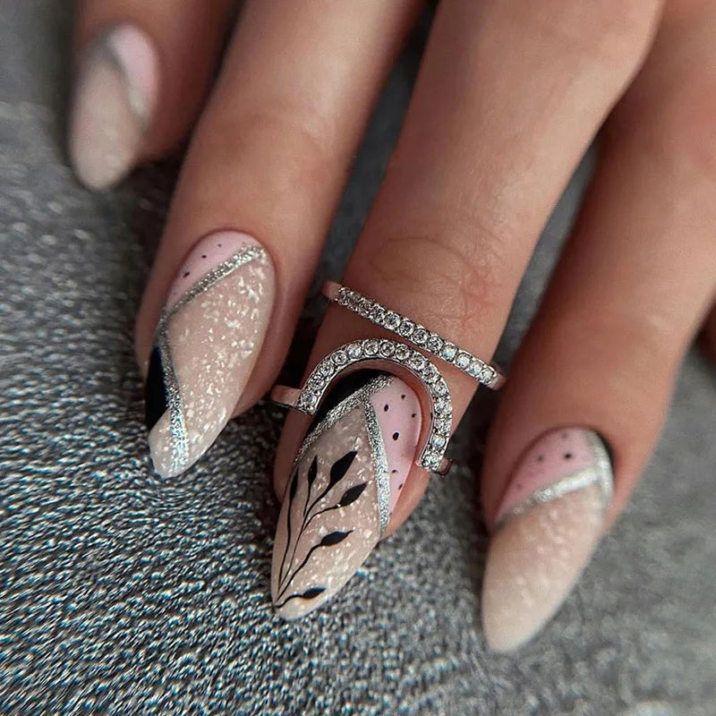 24pcs Detachable Almond French False Nails DIY Glitter Design Press on Nails Fake Nials DIY Manicure Nail Tips