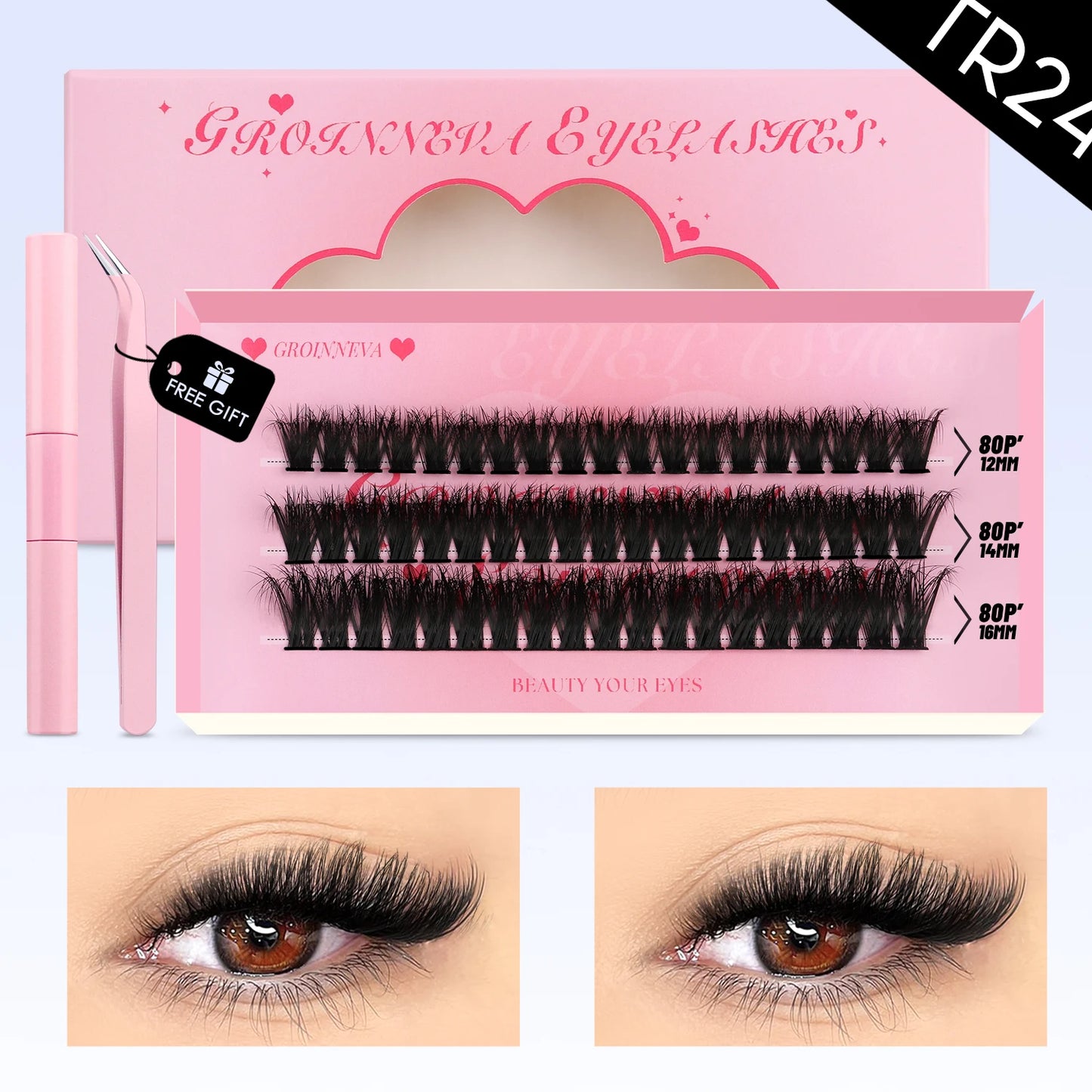DIY Lash Clusters Set Mixed Tray Lashes Kit Fluffy Individual Lashes Extension with Lash Bond and Seal At Home Makeup