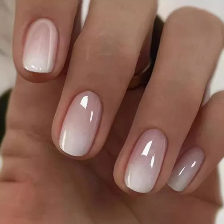Glossy Press on Nails Set Short Oval Shiny Gradient French Nail Art Design Reusable Full Cover Fake Nails with Glue for Girls