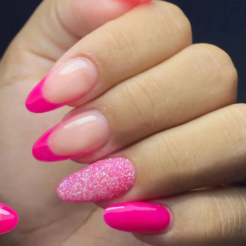 24pcs Detachable Almond French False Nails DIY Glitter Design Press on Nails Fake Nials DIY Manicure Nail Tips