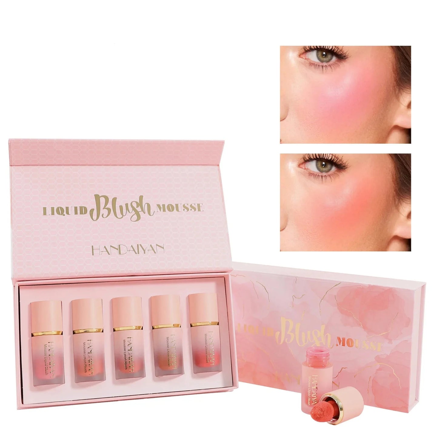 Liquid Blush Set with Sponge Tip Easy to Wear High Pigment Long Lasting Makeup Blusher For Cheek And Lip Gift Box Kit