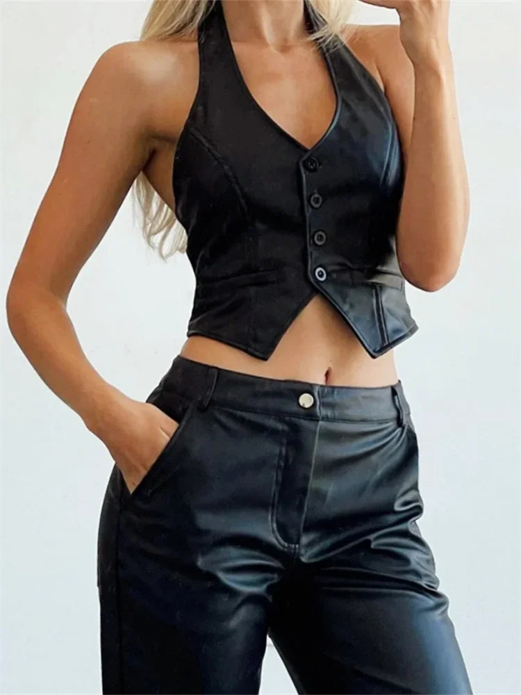 Women PU Leather Vest Coat Vintage Sleeveless V Neck Button Down Tank Tops Dark Academia Gothic Waistcoat Female Summer Fall