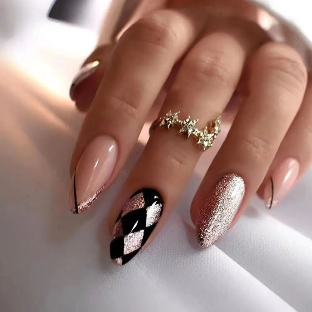 24pcs Detachable Almond French False Nails DIY Glitter Design Press on Nails Fake Nials DIY Manicure Nail Tips